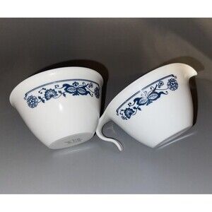 Vtg Corelle Old Town Blue Onion Sugar Bowl & Hook Handle Creamer Vintage Set